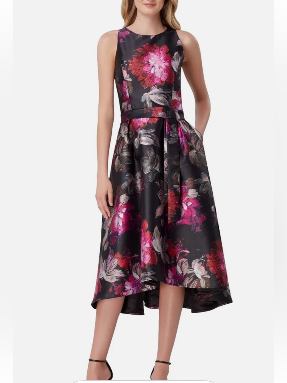 Tahari Black Floral High-Low Cocktail Dress with Pink & Red Blooms